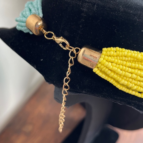 Seed bead necklace, 28”-31” multi strand yellow, light blue, & gold . NIP. - Picture 3 of 6